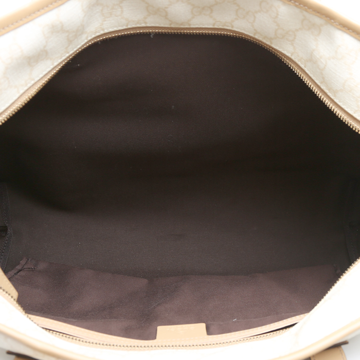 Sac cabas Gucci Suprême GG en toile monogram enduite blanche et cuir beige - Detail D2