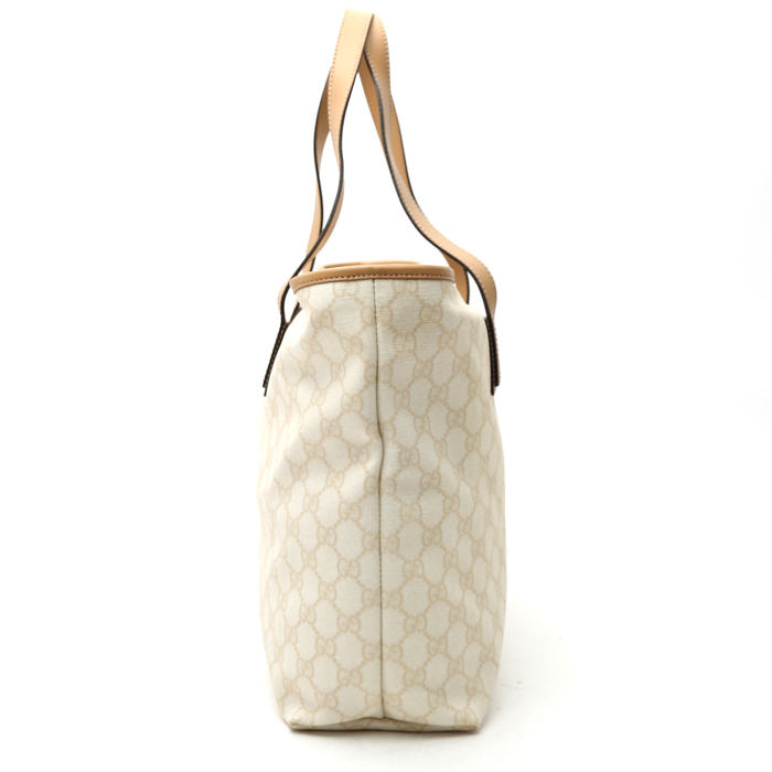 Gucci Suprême GG shopping bag in white monogram canvas and beige leather - Detail D5