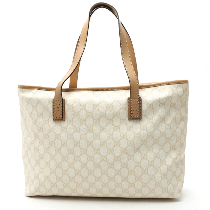 Gucci Suprême GG shopping bag in white monogram canvas and beige leather - Detail D7