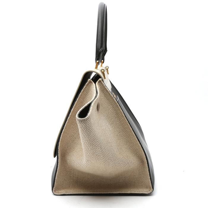 Bolso de mano Celine  Trapeze modelo mediano  en cuero beige y negro y lona beige - Detail D5