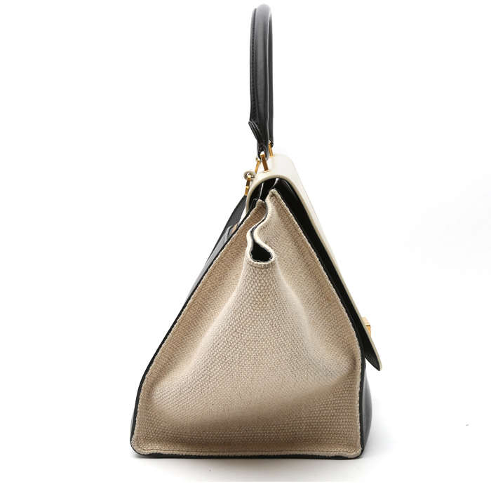 Bolso de mano Celine  Trapeze modelo mediano  en cuero beige y negro y lona beige - Detail D6