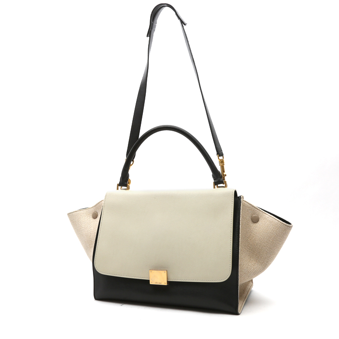 Bolso de mano Celine  Trapeze modelo mediano  en cuero beige y negro y lona beige - Detail D8