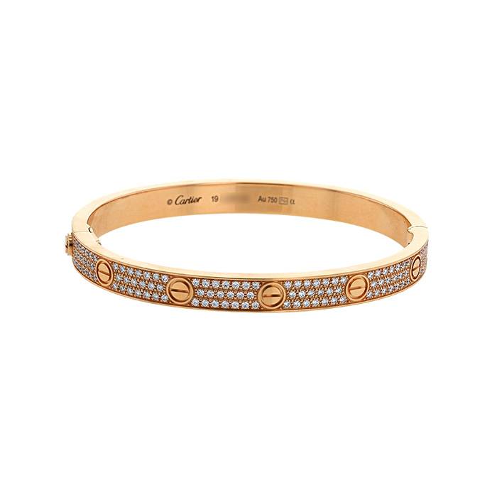 bracelet cartier love pavé en or rose et diamants, taille 19