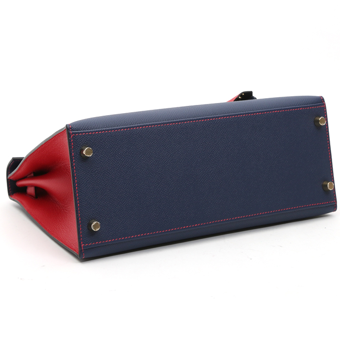 Bolso de mano Hermès  Kelly 28 cm en cuero epsom azul y rojo - Detail D5