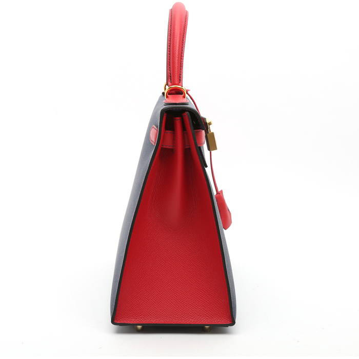 Bolso de mano Hermès  Kelly 28 cm en cuero epsom azul y rojo - Detail D7