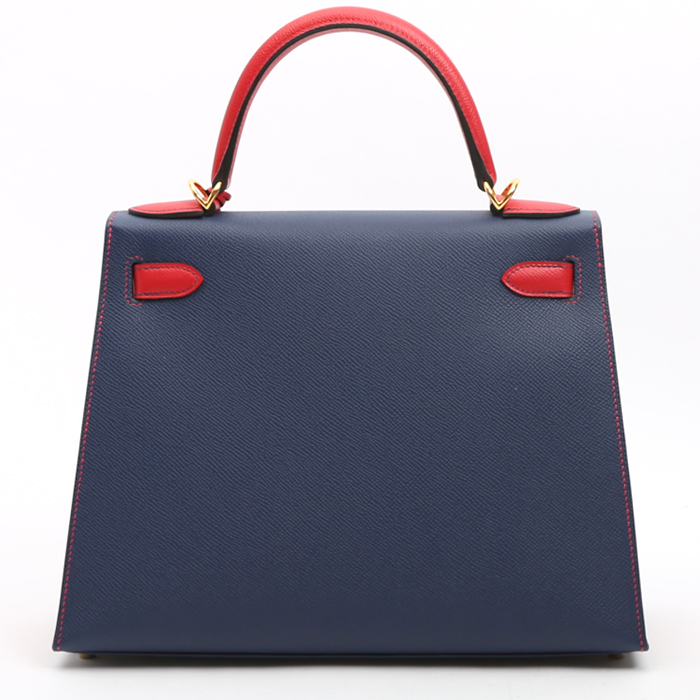 Bolso de mano Hermès  Kelly 28 cm en cuero epsom azul y rojo - Detail D8
