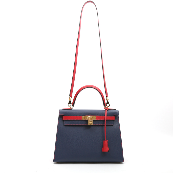 Hermès  Kelly 28 cm handbag  in blue and red epsom leather - Detail D9