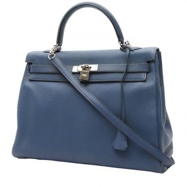 Hermes 35cm Blue Lin Togo Leather Birkin Bag with Palladium