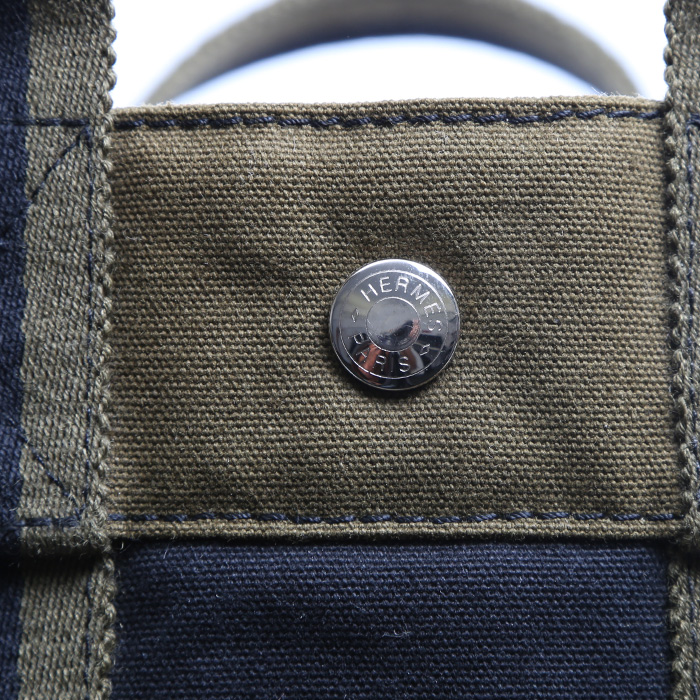 Bolso Cabás Hermès  Toto Bag - Shop Bag en lona azul y caqui - Detail D3