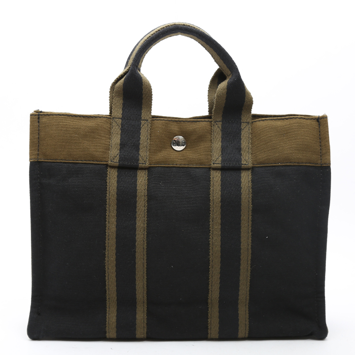 Sac cabas Hermès  Toto Bag - Shop Bag en toile bleue et vert-kaki - Detail D7