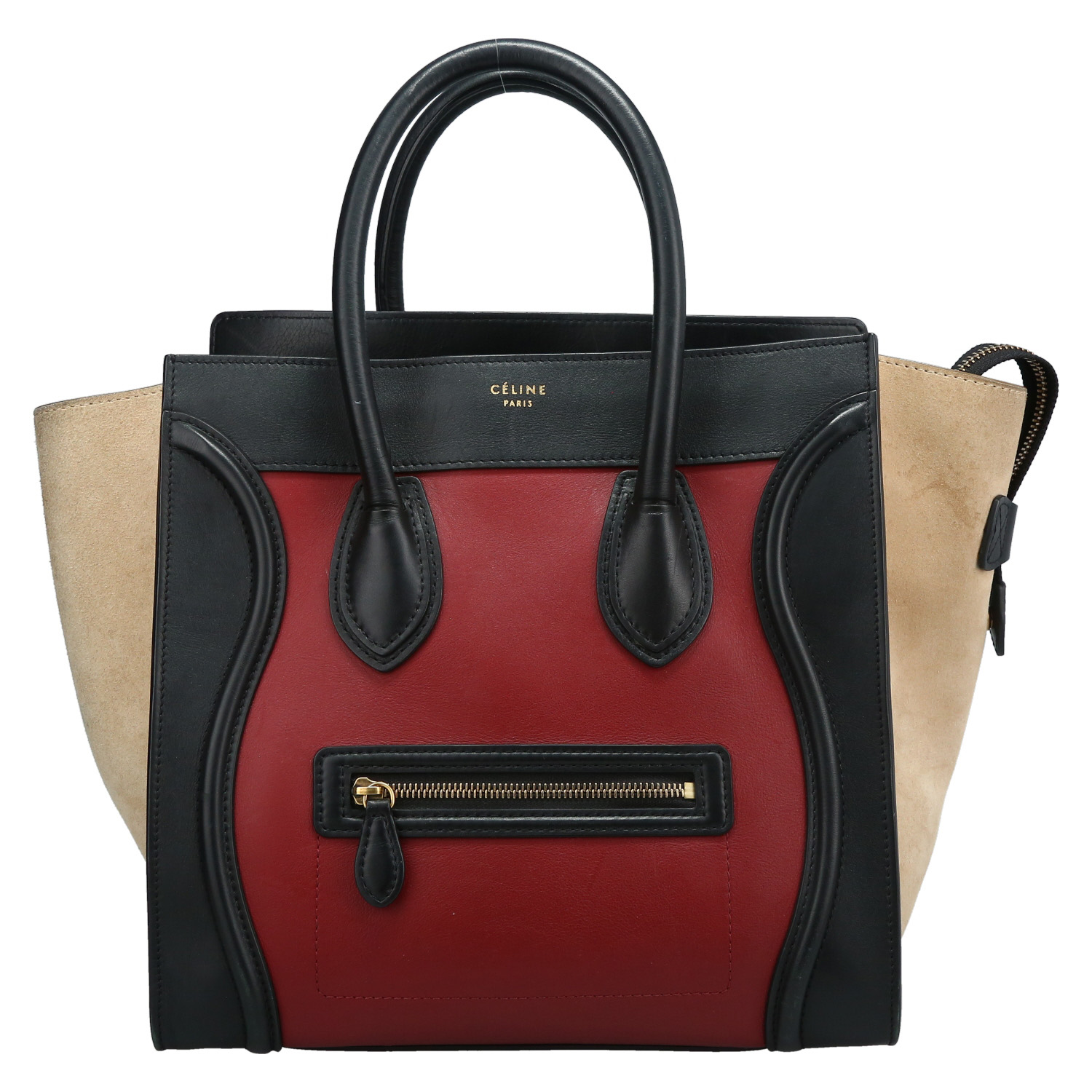 Bolso de mano Celine  Luggage Mini en cuero color burdeos y negro y ante beige - Detail D2