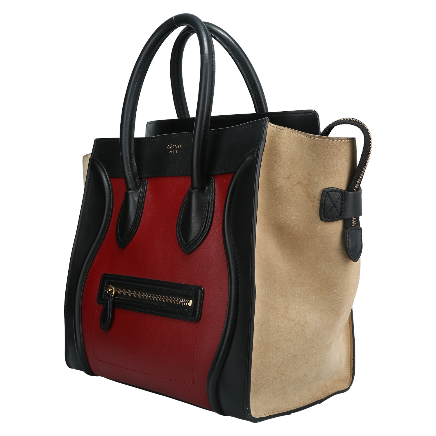 Sac à main Celine  Luggage Mini en cuir bordeaux et noir et daim beige - Detail D3