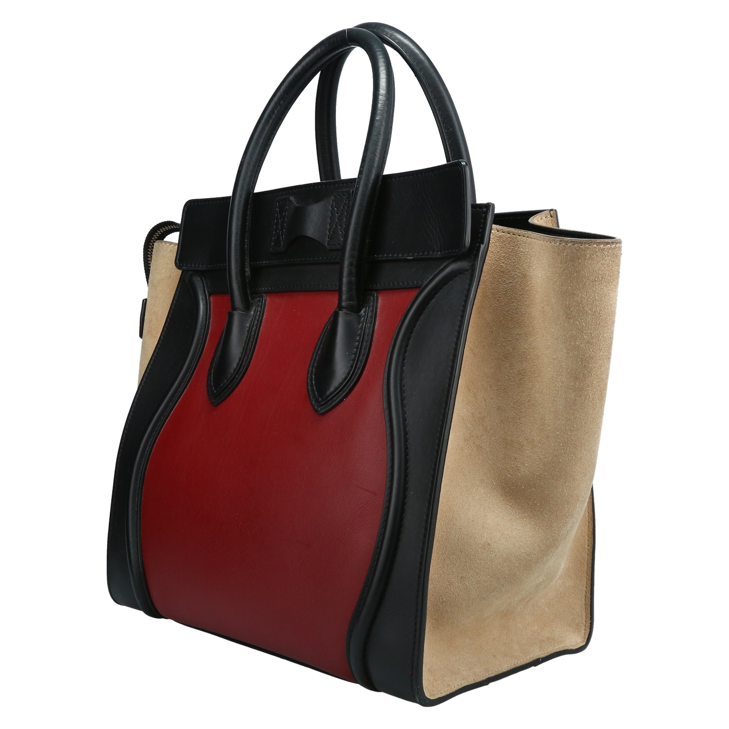 Celine  Luggage Mini handbag  in burgundy and black leather  and beige suede - Detail D5