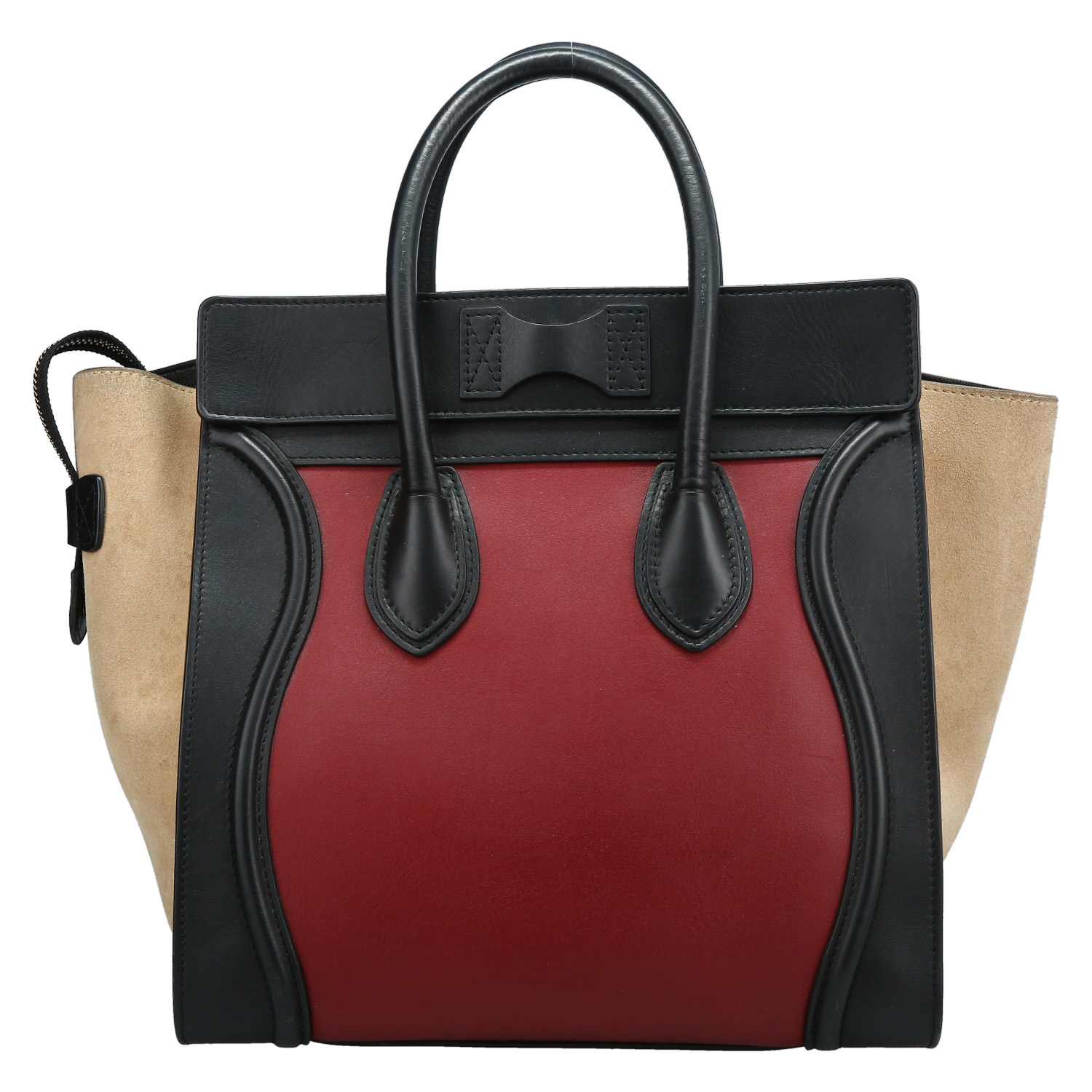 Bolso de mano Celine  Luggage Mini en cuero color burdeos y negro y ante beige - Detail D7