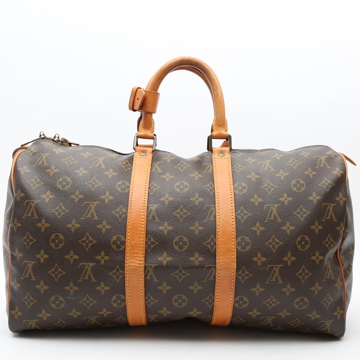 Bolsa de viaje Louis Vuitton  Keepall 45 en lona Monogram marrón y cuero natural - Detail D7