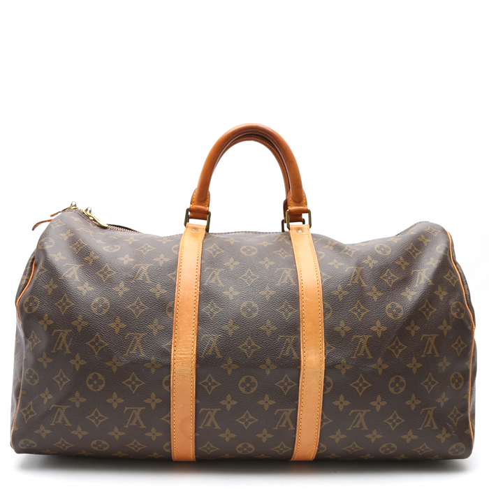 Bolsa de viaje Louis Vuitton  Keepall 50 en lona Monogram marrón y cuero natural - Detail D7