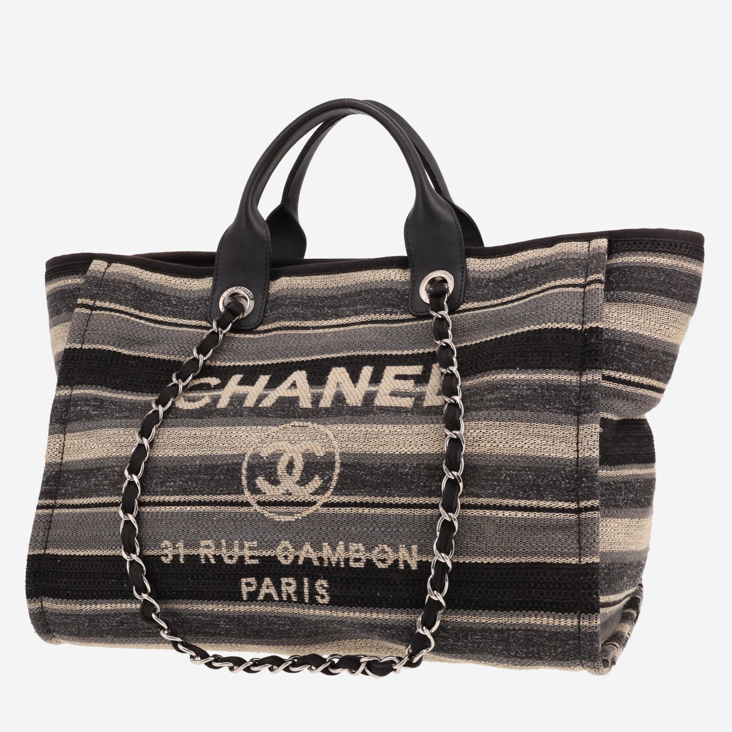Chanel Deauville shopping bag in beige, black and blue tricolor canvas and navy blue leather