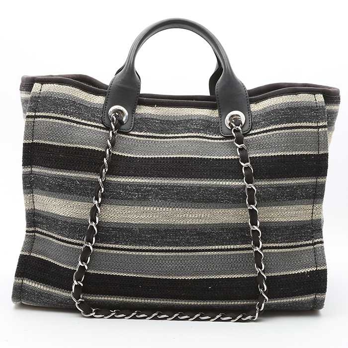 Sac cabas Chanel Deauville en toile tricolore beige noire et bleue et cuir bleu-marine - Detail D4