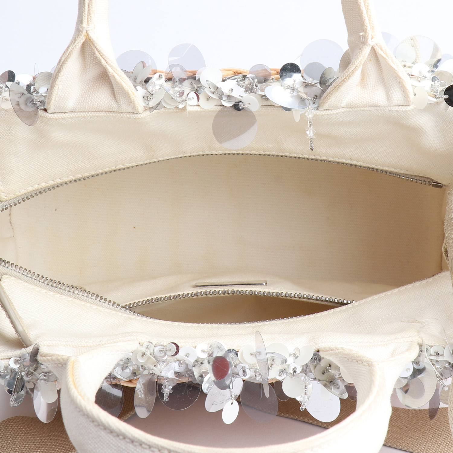 Shopping bag Prada   in vimini e tela beige - Detail D2