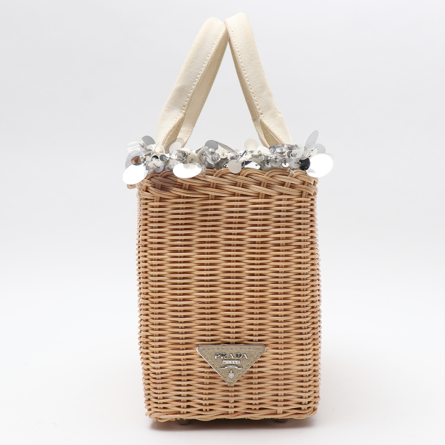 Prada   shopping bag  wicker  and beige canvas - Detail D5