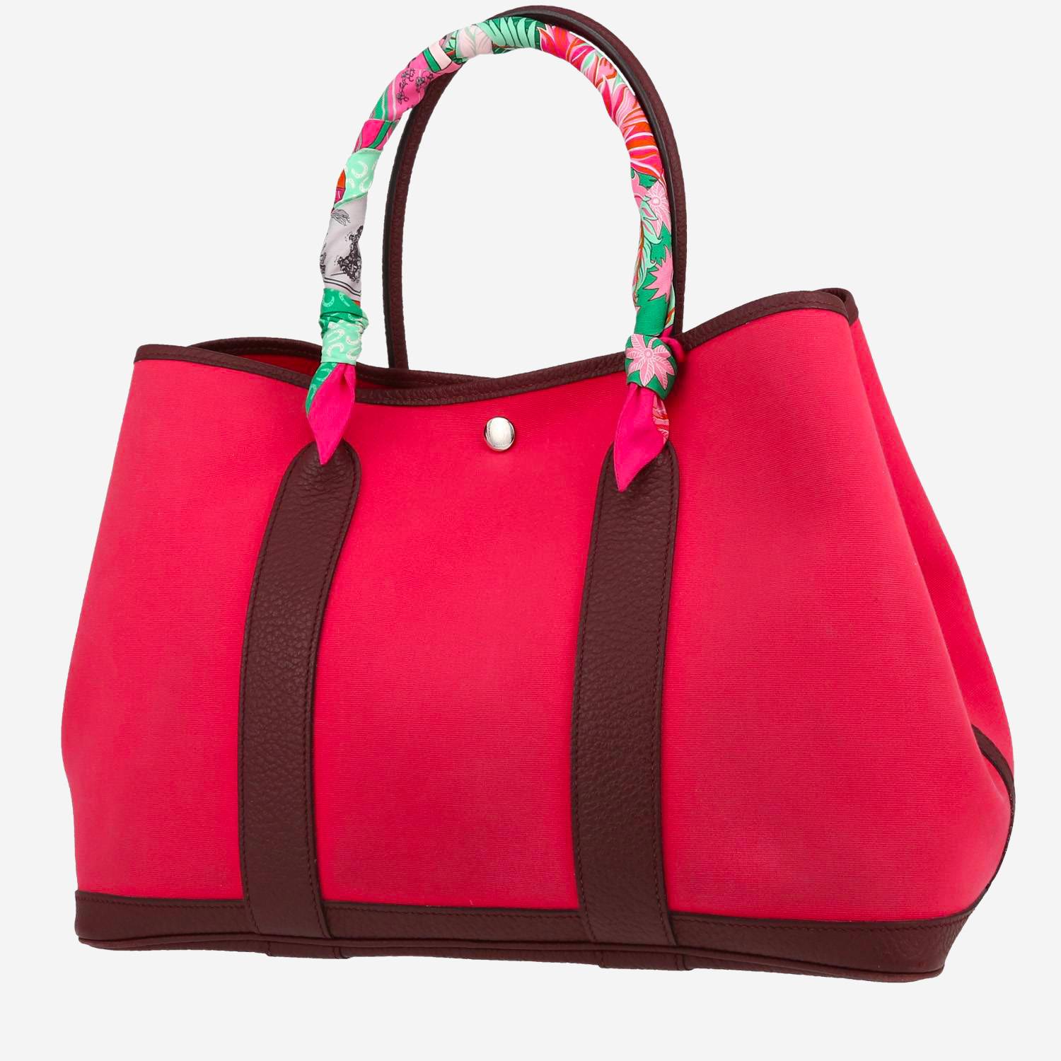 Bolso Cabás Hermès  Garden en lona rosa y cuero color burdeos