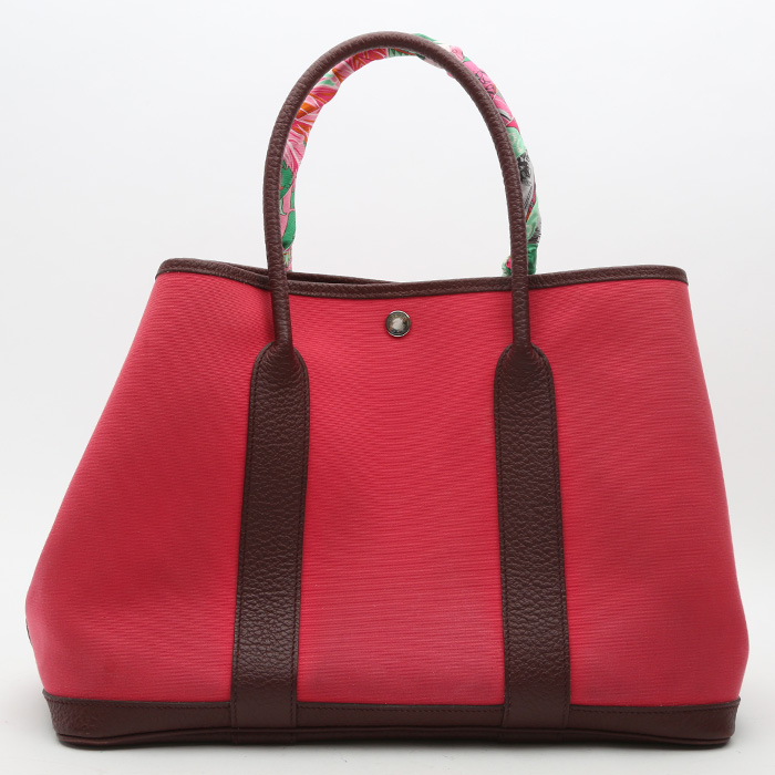 Hermès  Garden Party 36 cm shopping bag  in pink canvas  and burgundy leather - Detail D7