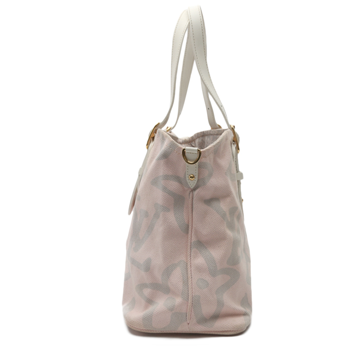 Sac cabas Louis Vuitton  Tahitienne en toile rose et cuir blanc - Detail D6