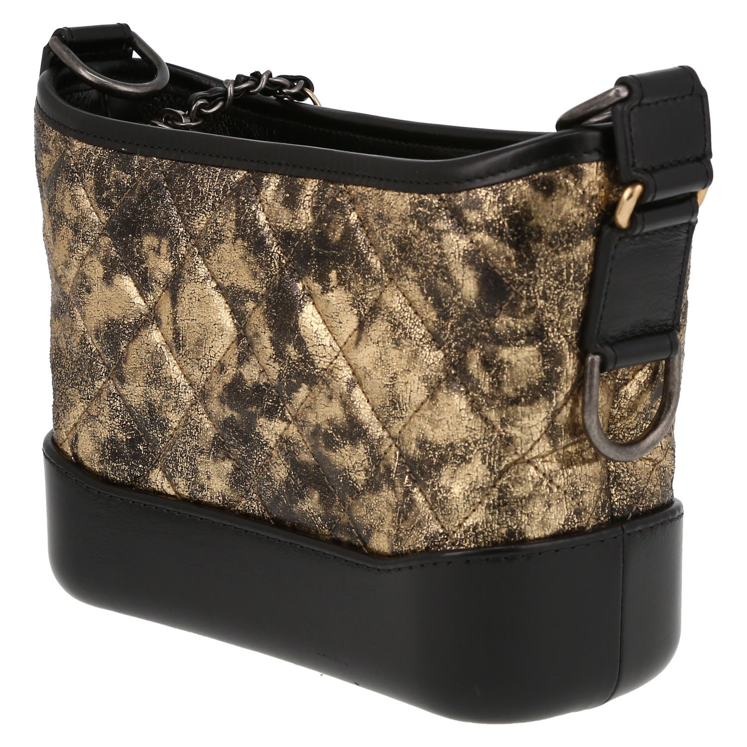 Sac bandoulière Chanel  Gabrielle  petit modèle  en cuir matelassé doré et cuir lisse noir - Detail D3