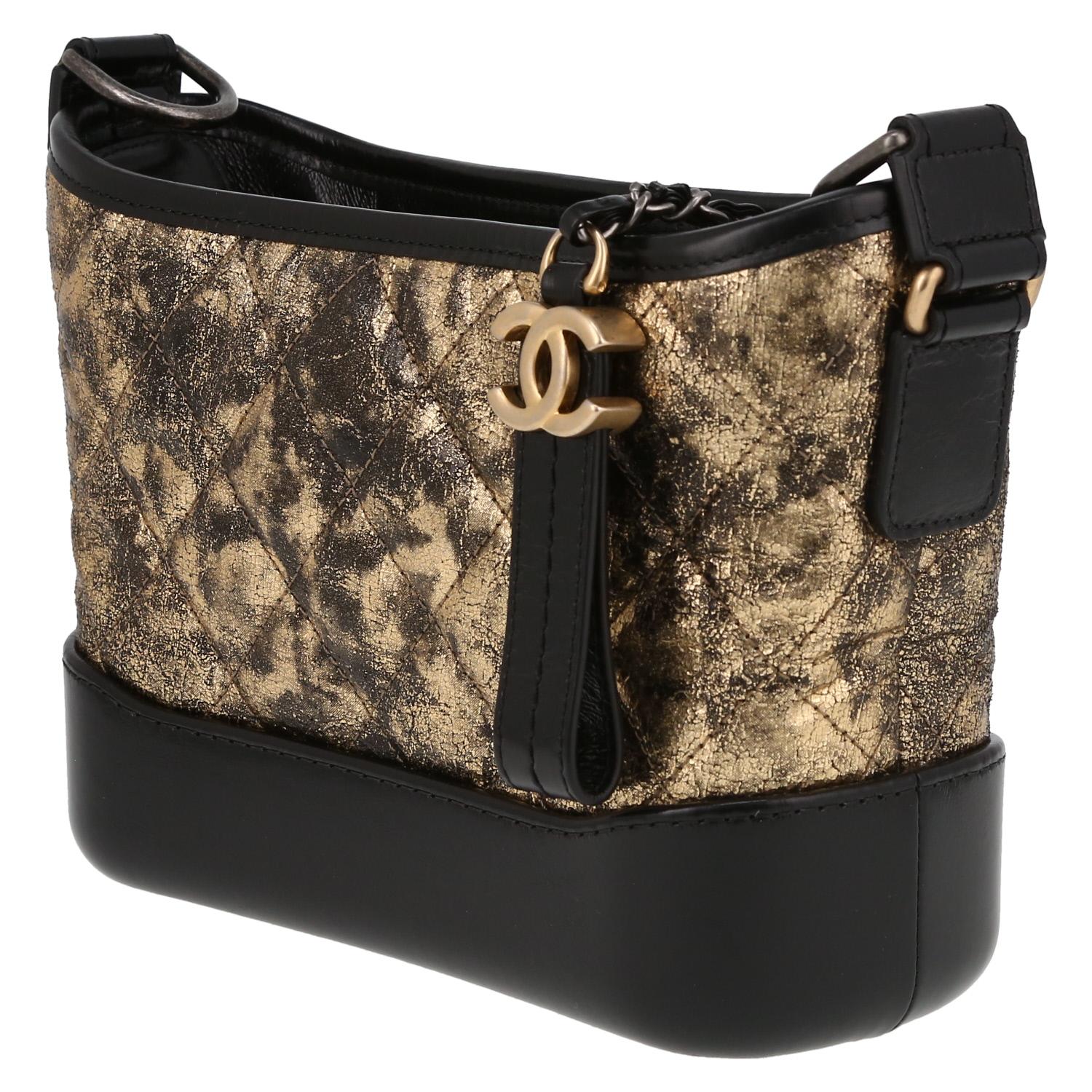Chanel  Gabrielle  small model  shoulder bag  in gold quilted leather  and black smooth leather - Detail D5