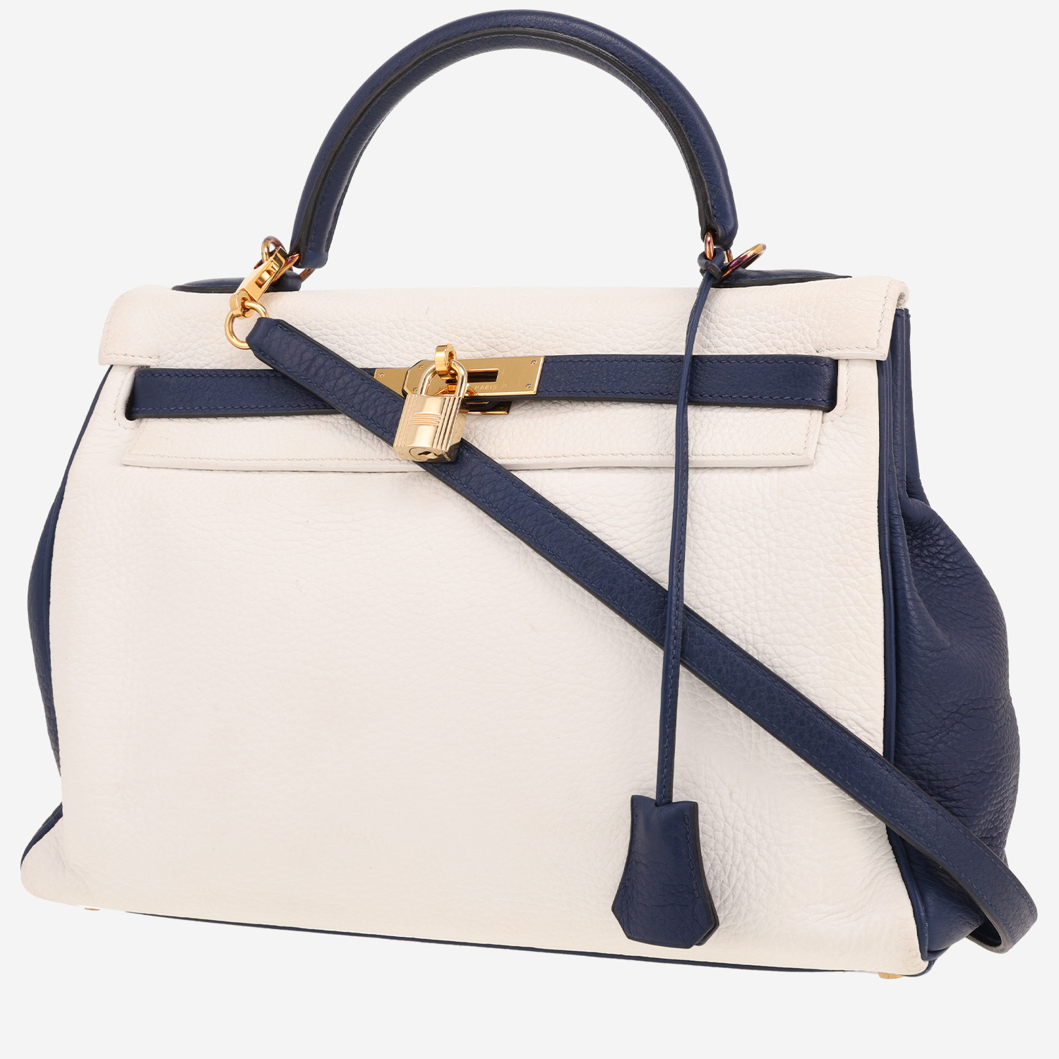 Hermès Kelly 32 cm handbag in white and blue togo leather