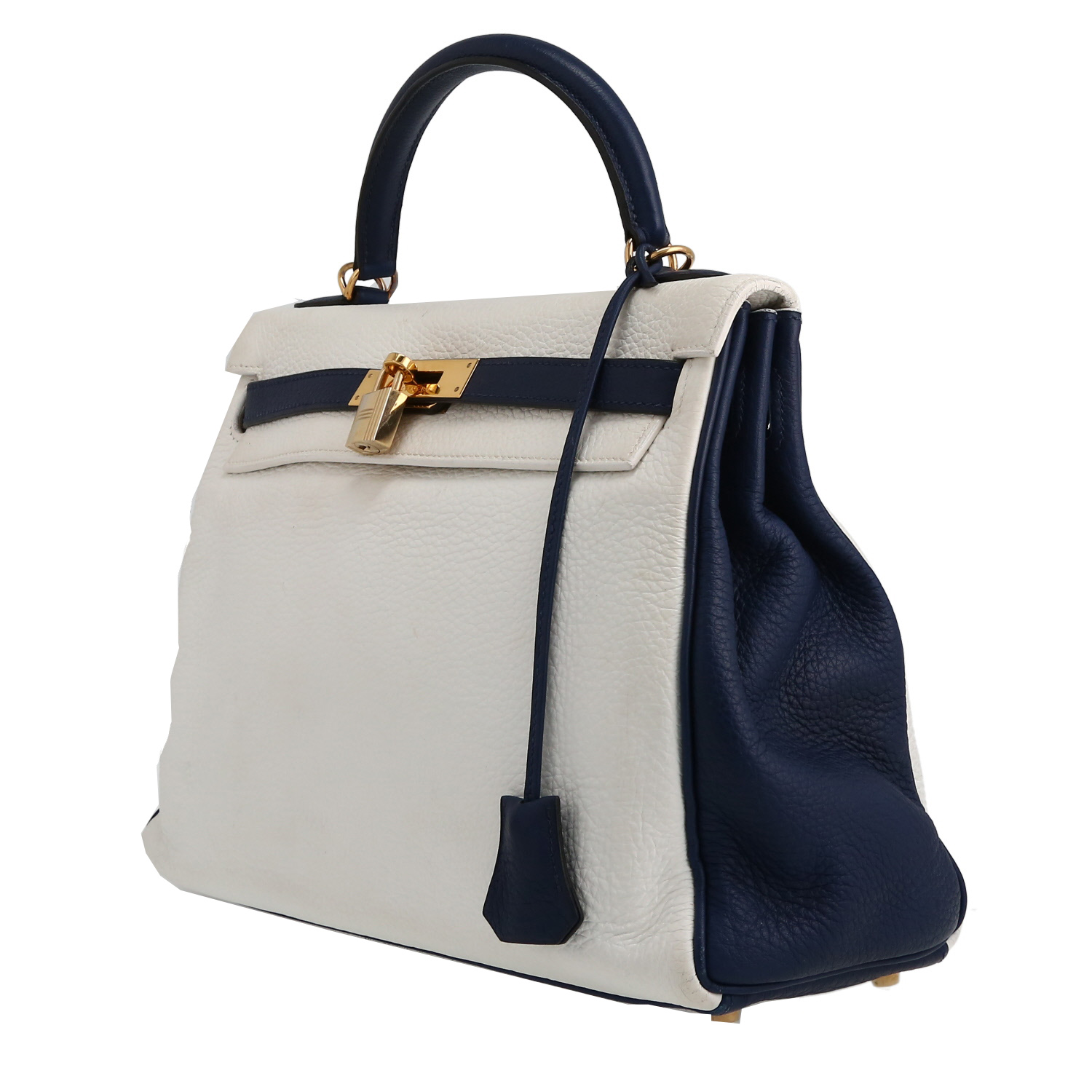 Bolso de mano Hermès  Kelly 32 cm en cuero togo blanco y azul - Detail D3