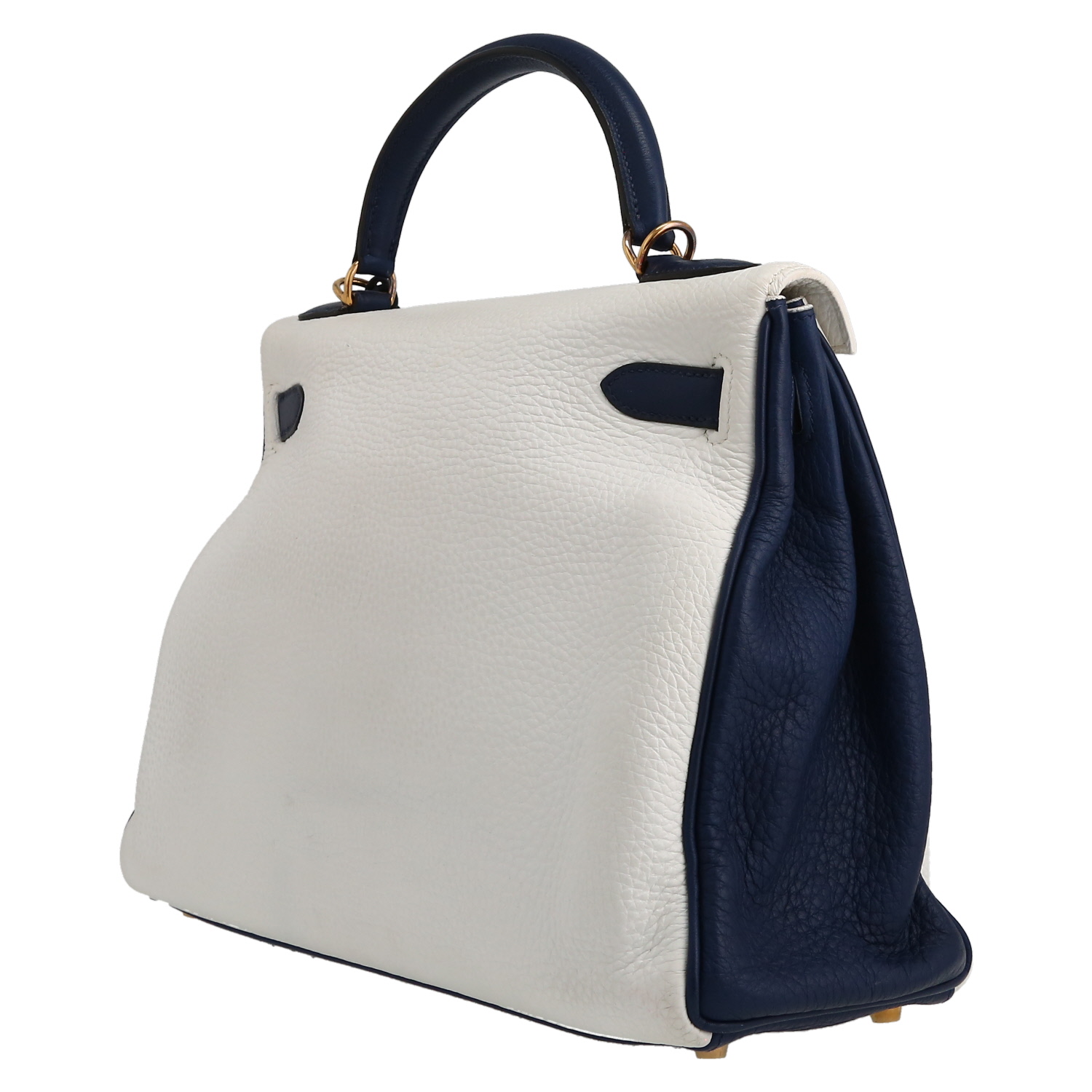 Hermès  Kelly 32 cm handbag  in white and blue togo leather - Detail D5