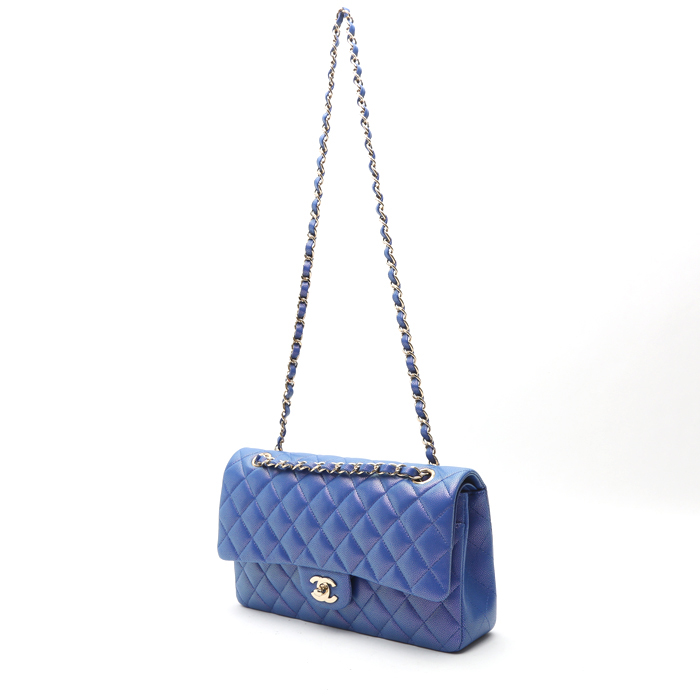 Chanel Timeless Classic handbag in blue quilted grained leather - Detail D8