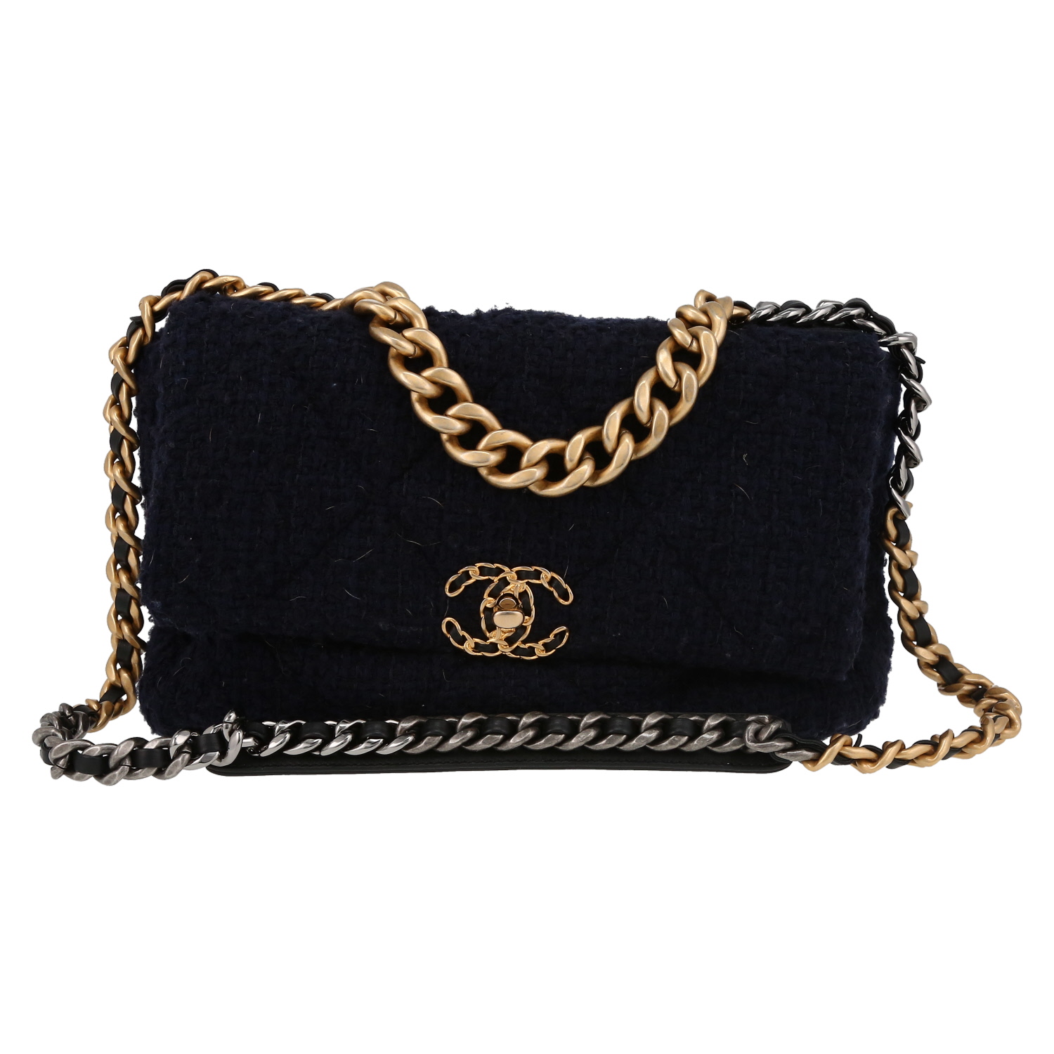 Chanel 19 large model shoulder bag in navy blue jersey canvas - Detail D2