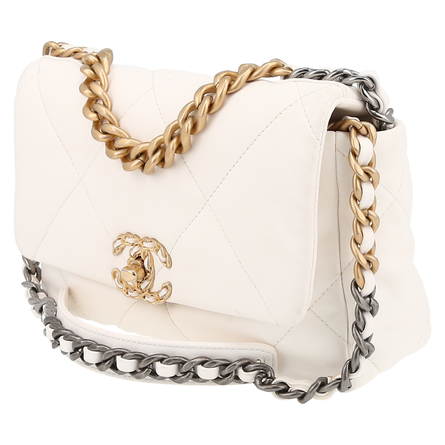 Sac bandoulière Chanel 19 en cuir matelassé blanc - Detail D3