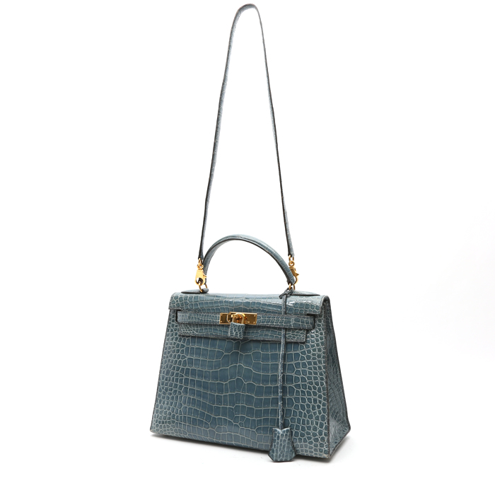 Sac à main Hermès  Kelly 28 cm en crocodile porosus bleu-jean - Detail D9