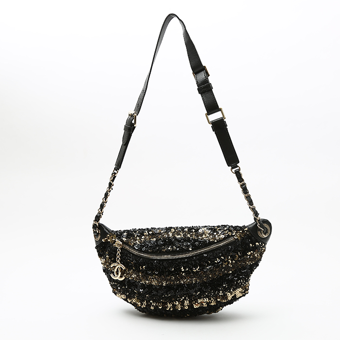 Pochette-ceinture Chanel Pochette ceinture en sequin noir et doré et cuir noir - Detail D8
