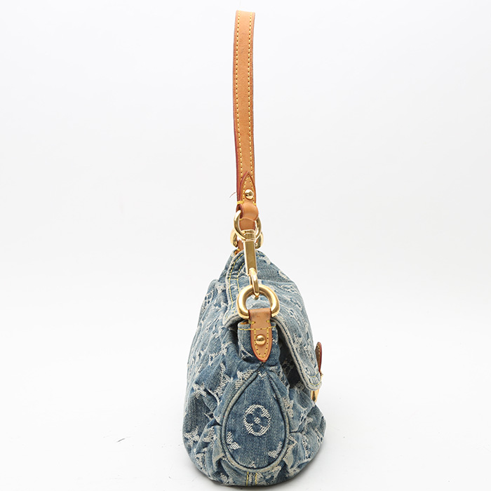 Sac à main Louis Vuitton  Pleaty petit modèle  en toile denim monogrammée bleue et cuir naturel - Detail D6