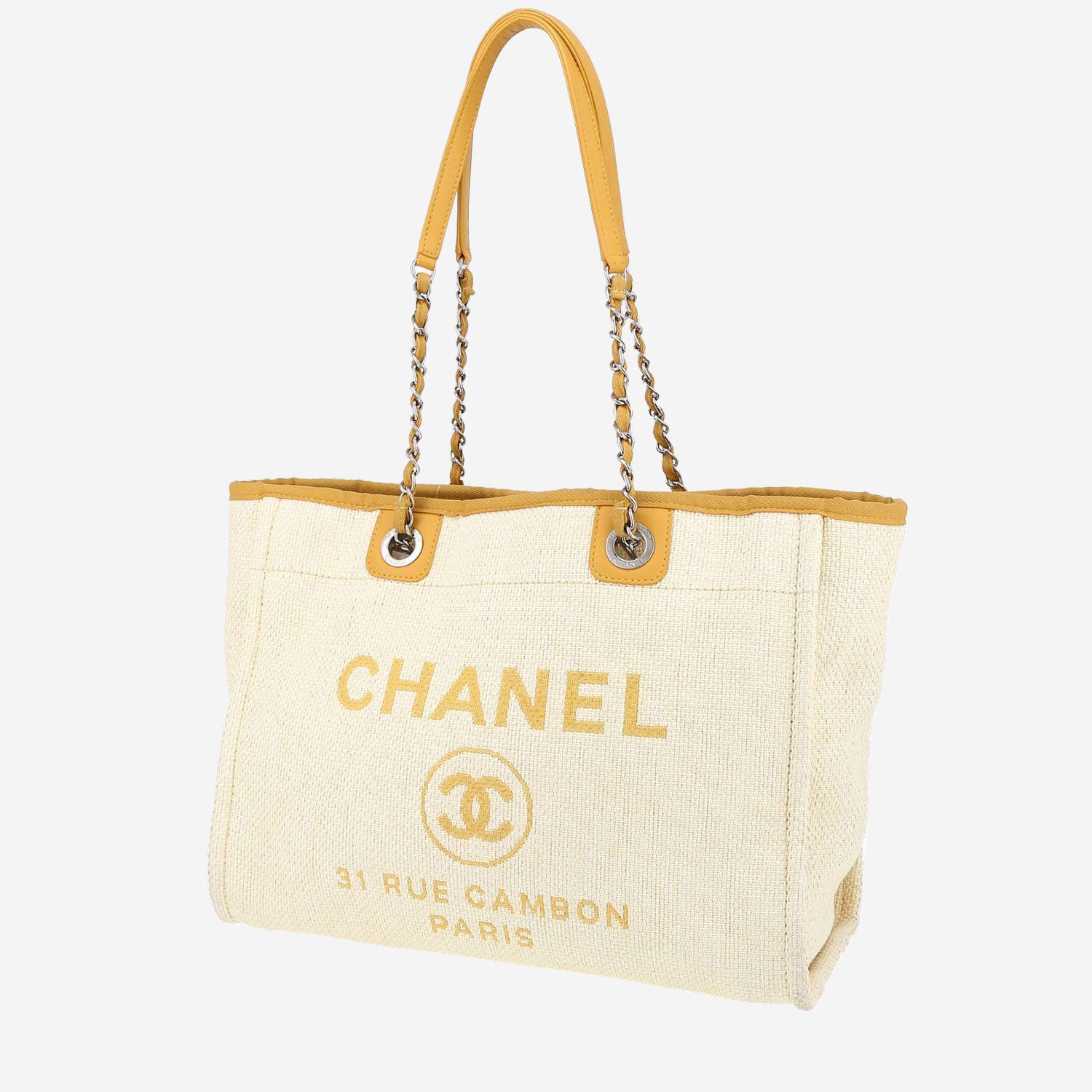 Shopping bag Chanel  Deauville in tela beige e pelle gialla