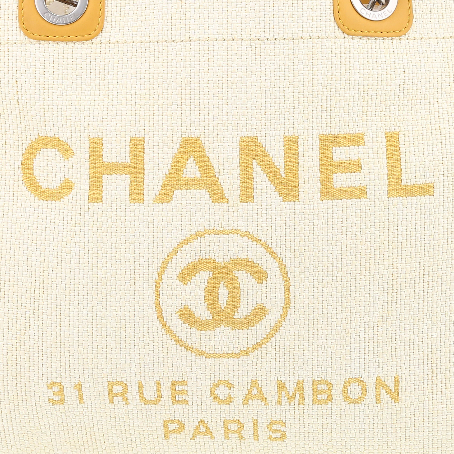 Chanel Deauville shopping bag in beige canvas and yellow leather - Detail D1