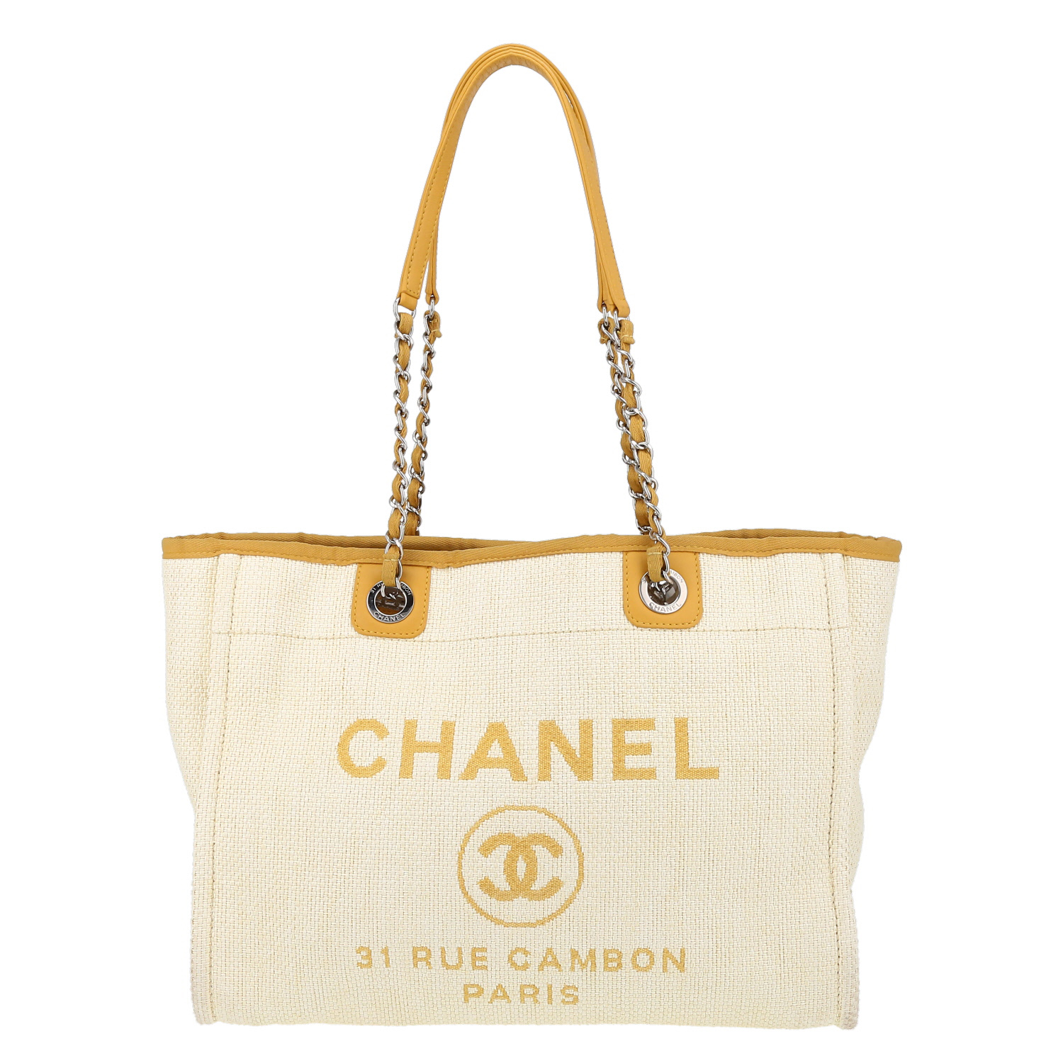 Chanel Deauville shopping bag in beige canvas and yellow leather - Detail D2
