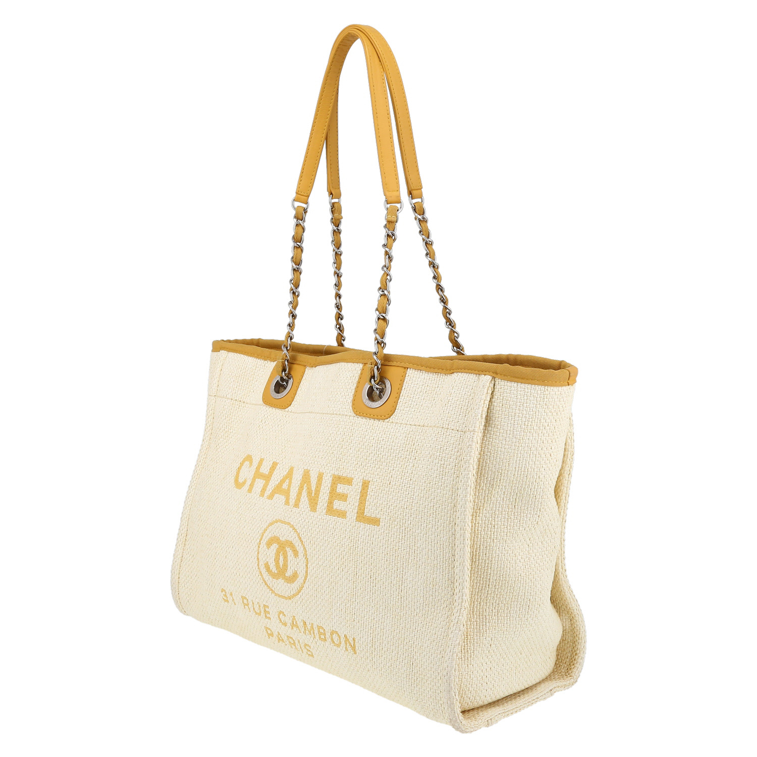 Chanel Deauville shopping bag in beige canvas and yellow leather - Detail D3