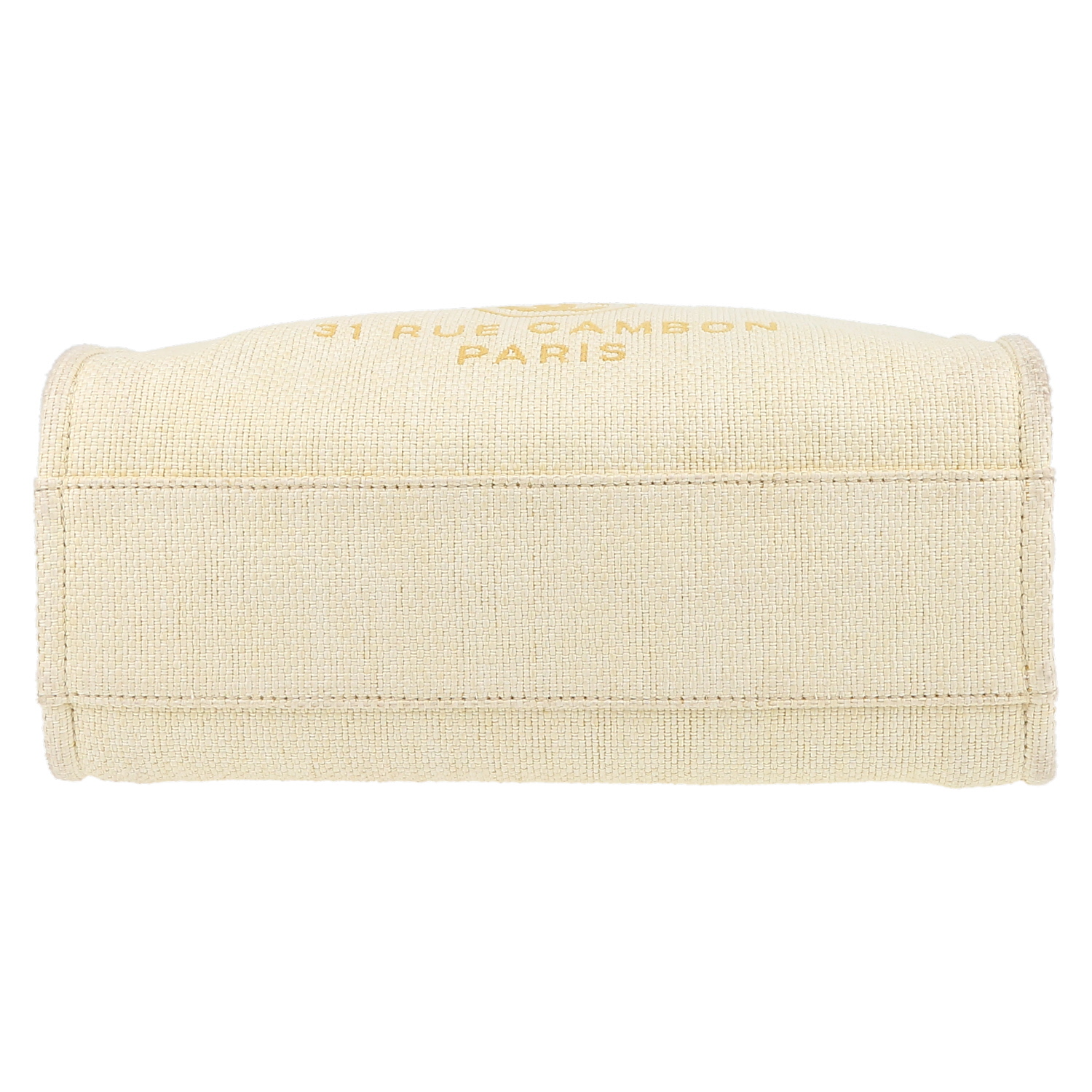 Chanel Deauville shopping bag in beige canvas and yellow leather - Detail D4