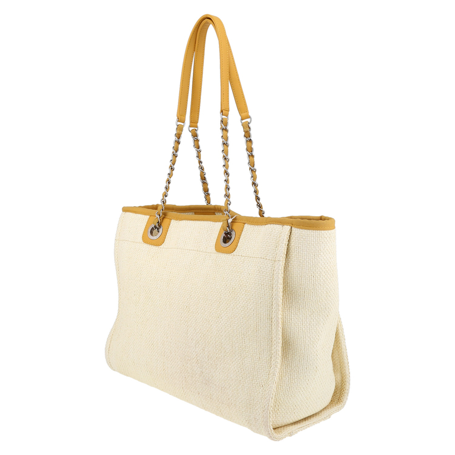Chanel Deauville shopping bag in beige canvas and yellow leather - Detail D5