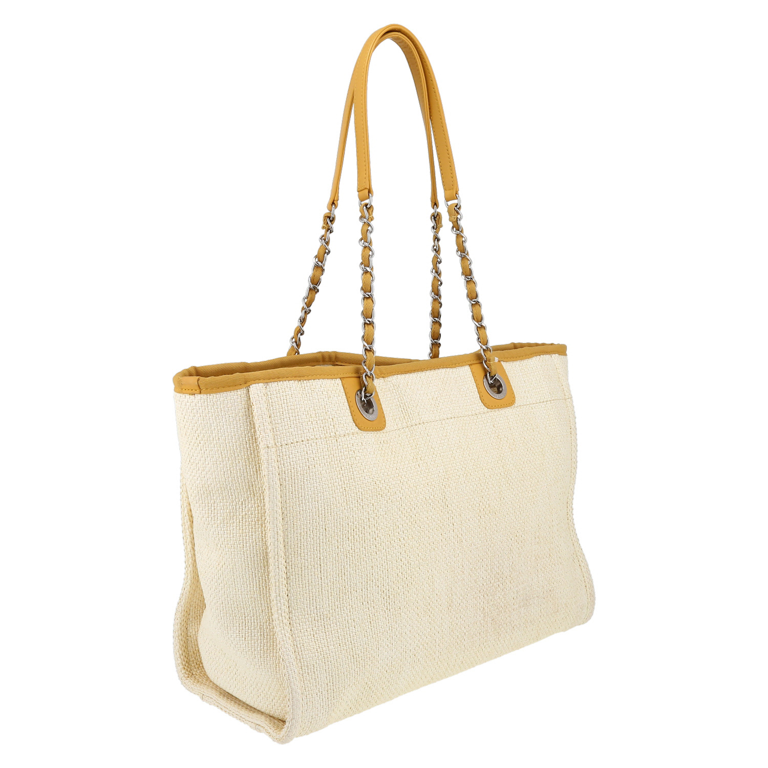 Chanel Deauville shopping bag in beige canvas and yellow leather - Detail D6