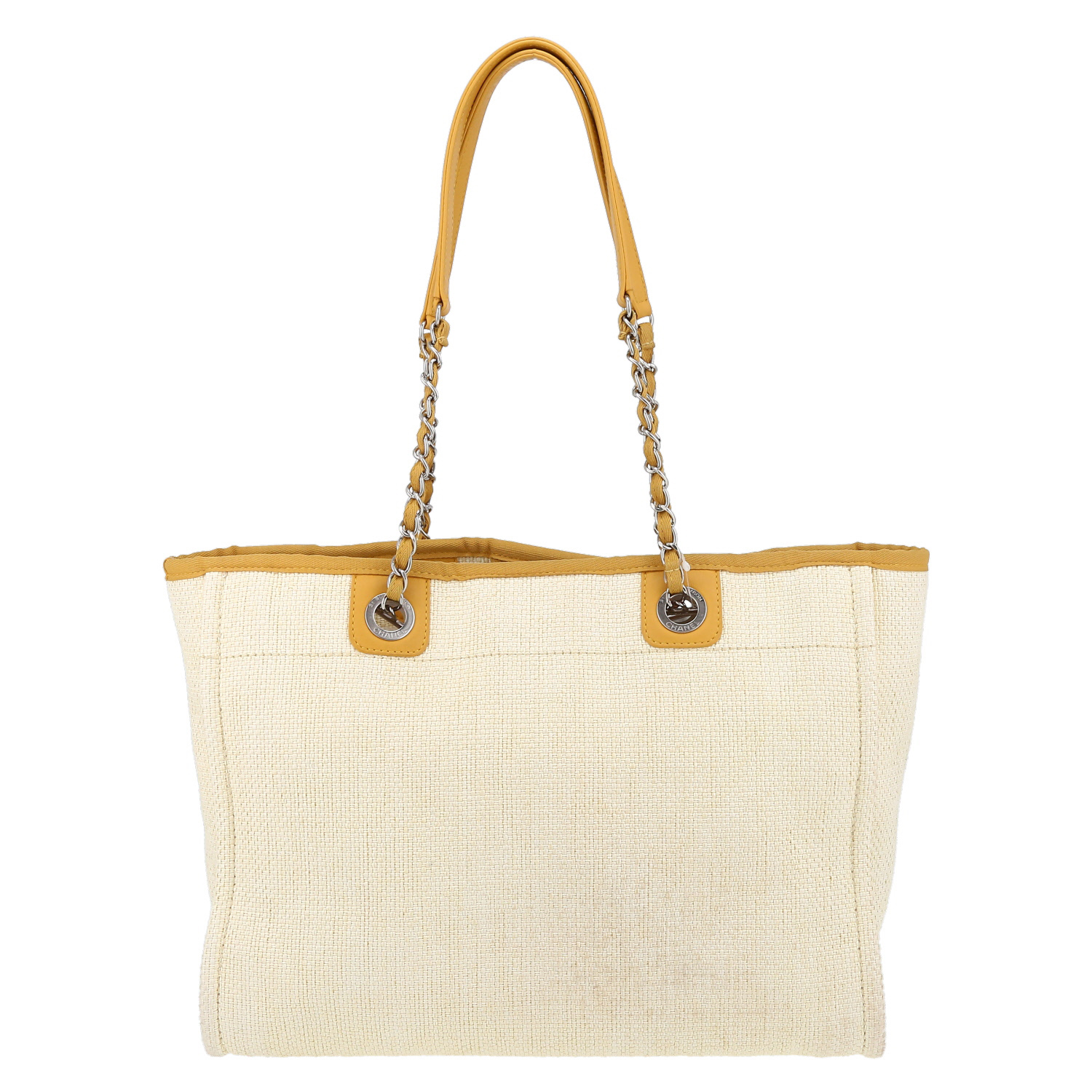 Chanel Deauville shopping bag in beige canvas and yellow leather - Detail D7