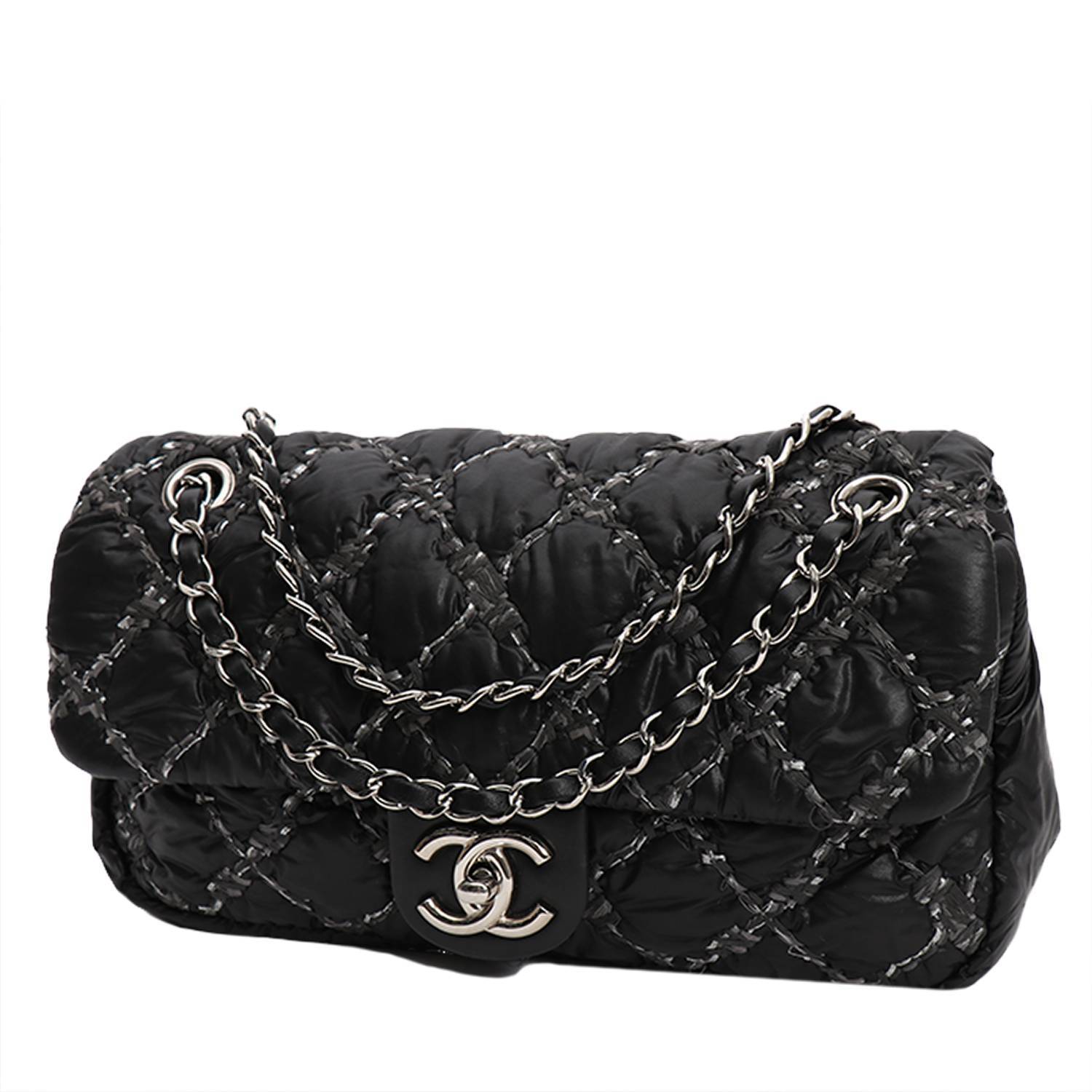 Chanel Timeless Classic medium model handbag in black quilted canvas and grey jersey