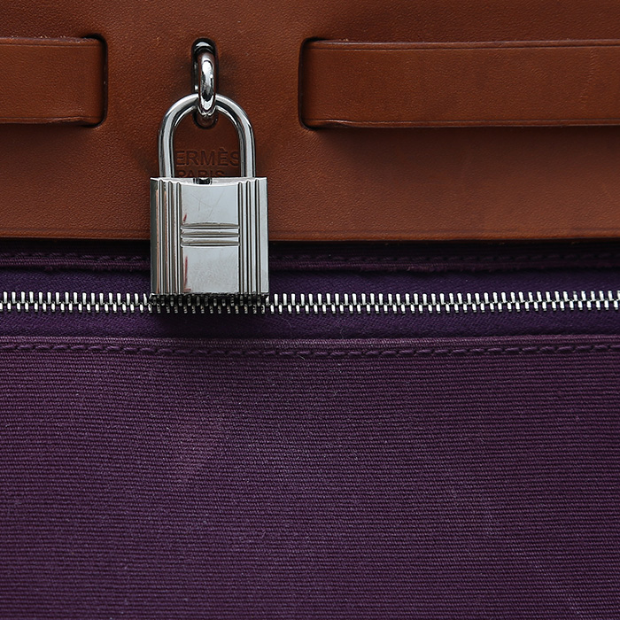 Hermès  Herbag bag worn on the shoulder or carried in the hand  in purple canvas  and natural Hunter cowhide - Detail D1
