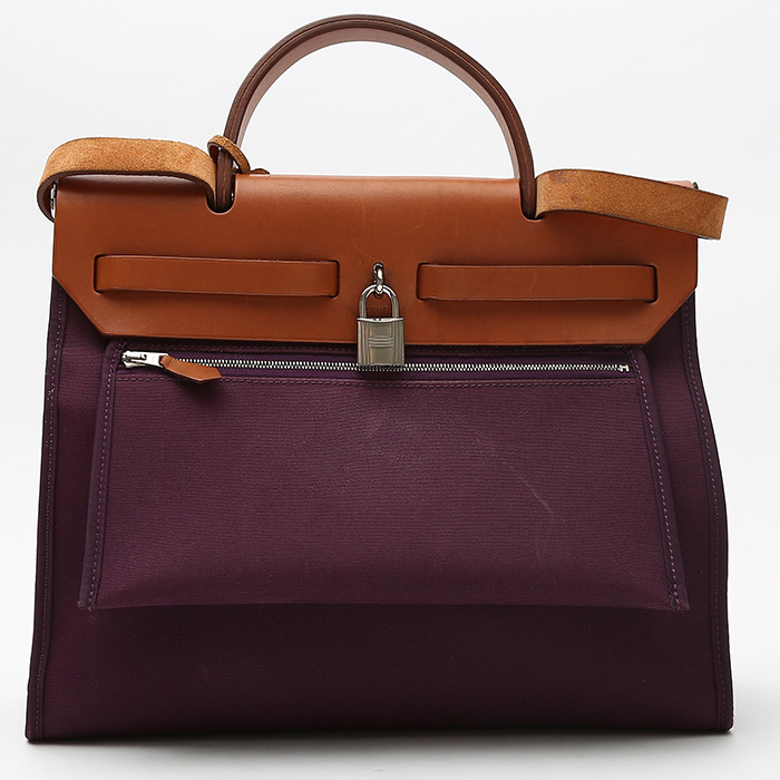 Bolso para llevar al hombro o en la mano Hermès Herbag en lona violeta y vaca Hunter natural - Detail D8