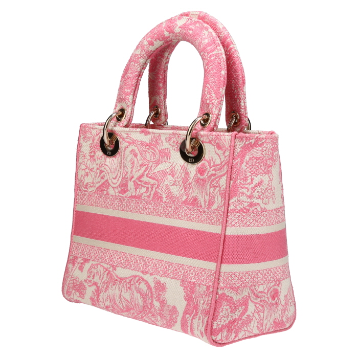 Dior  Lady D-Lite handbag  in pink and white canvas - Detail D5